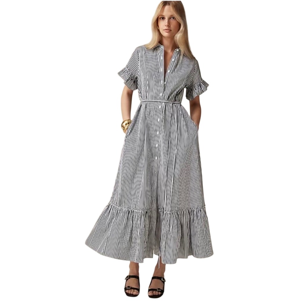 J.Crew Striped Maxi Shirt Dress Womens Large Navy White Ruffle Tiered Excellent